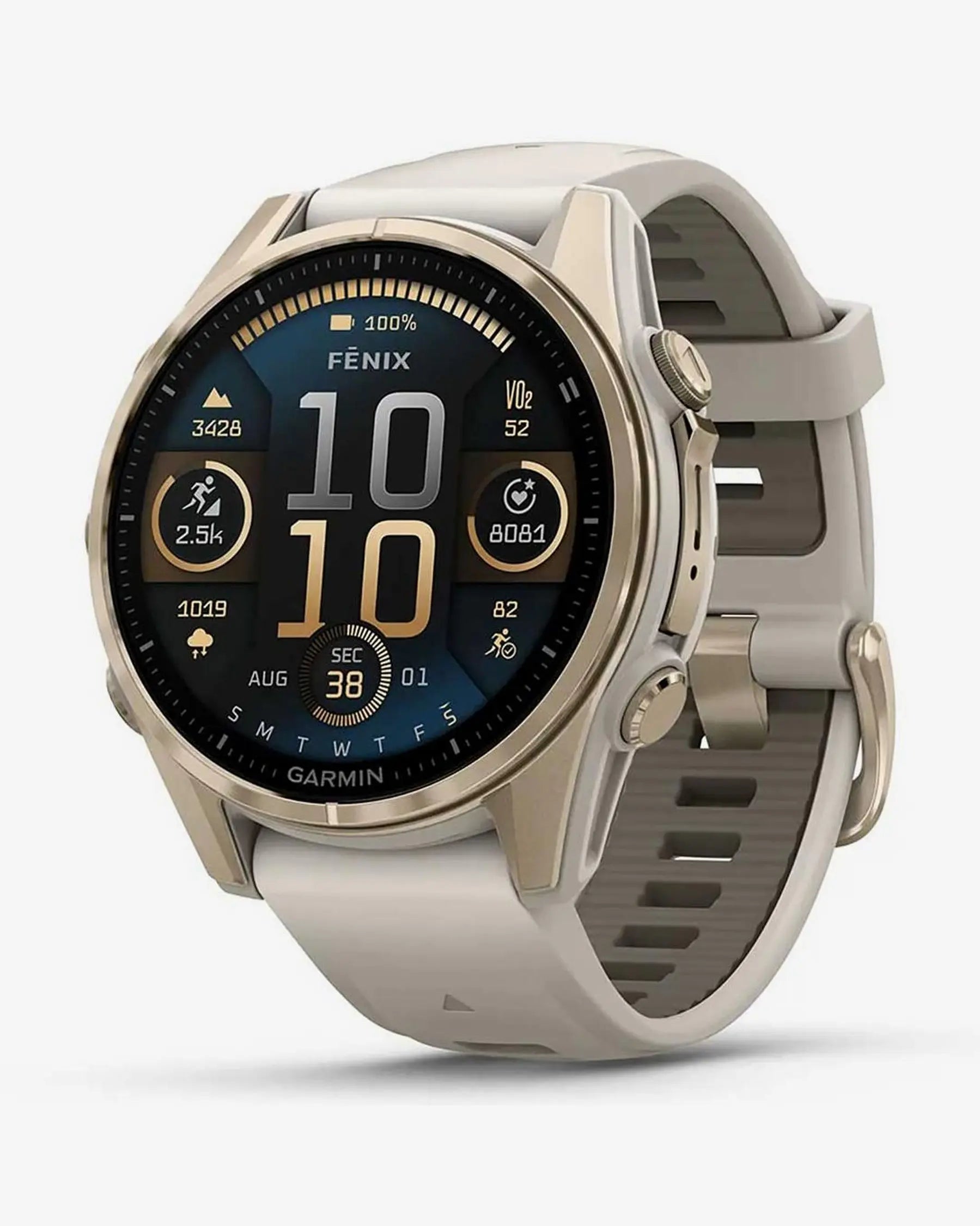 Garmin Fenix 8 AMOLED Zafiro 43 mm dorado correa beige